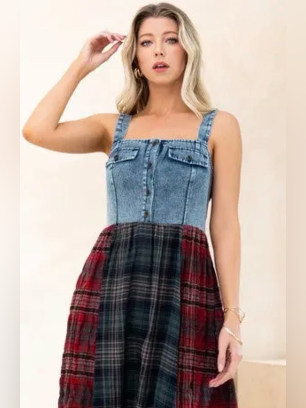 Oddi Large Denim Bodice Plaid Midi Dress - Blue and Red NWOT - Picture 4 of 9